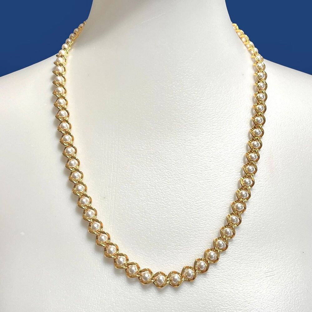 Vintage Napier Necklace Gold Tone Chain Imitation Pearl Intwined Classic 24"